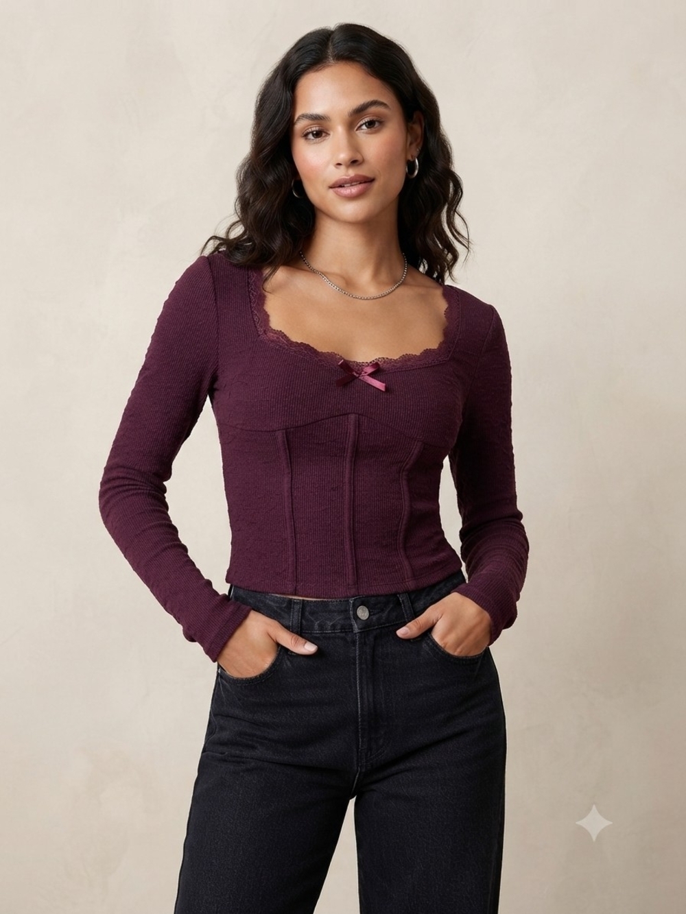 Long-Sleeve Square Neck Ribbed Top in Plum